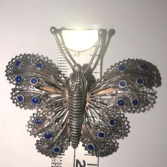 ANTIQUE Silver Filigree Butterfly Brooch w Blue Enamel Spots No Stamp - Tested - Picture 5 of 5